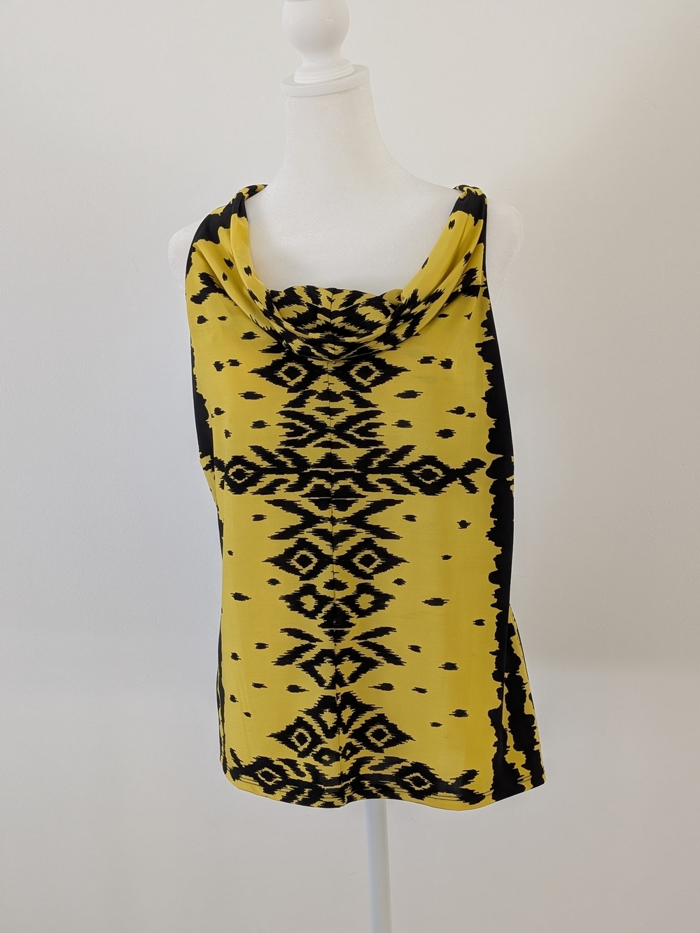 INC International Concepts Blouse M Yellow  Black Abstract Cowl-Neck Camisole